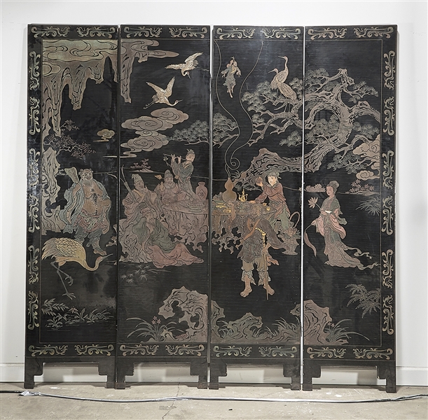 Appraisal: Chinese carved and painted four-panel wood screen depicting the Eight