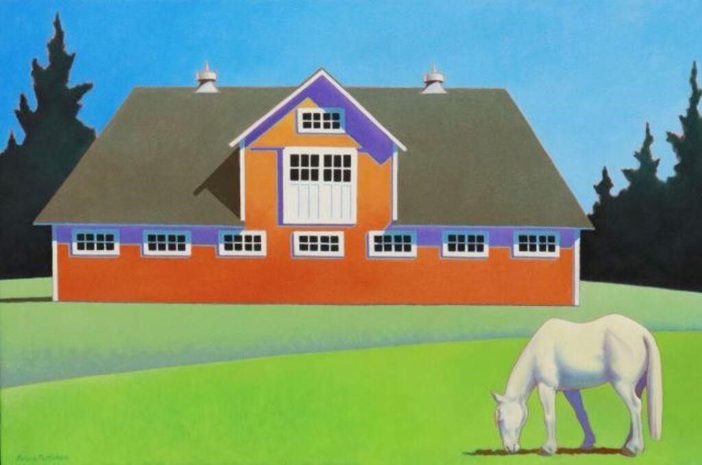 Appraisal: Framed oil on canvas painting White Horse with Red Barn