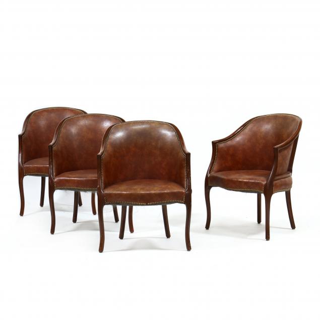 Appraisal: FOUR BARREL BACK CLUB CHAIRS Late th century mahogany frames