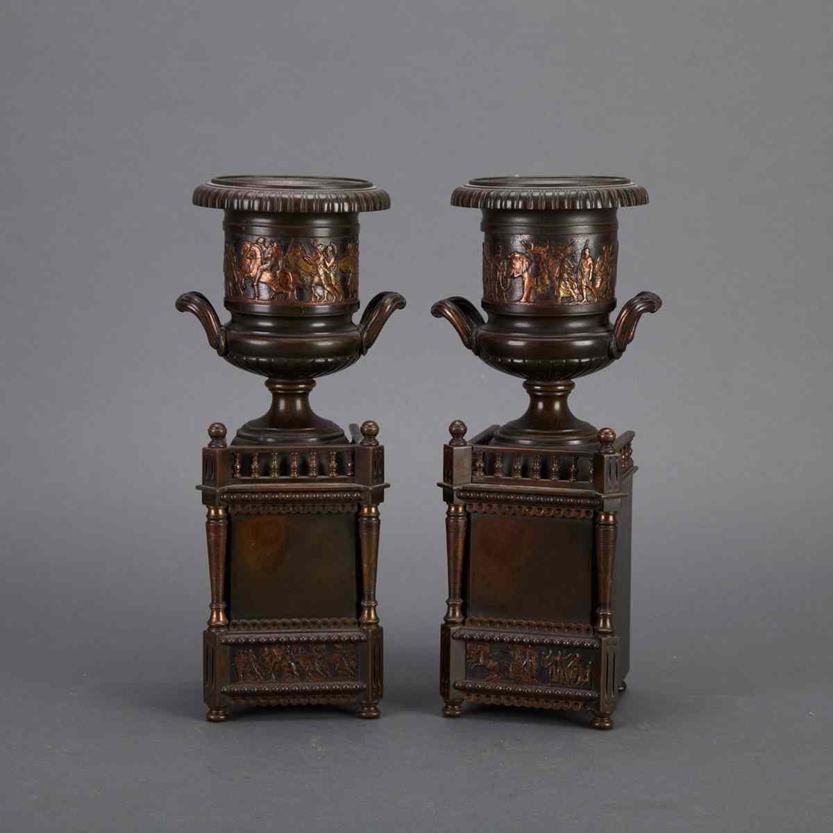 Appraisal: Pair French Bronze Garniture Mantle Urns th century each banded