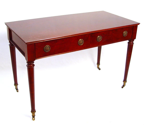 Appraisal: SHERATON STYLE MAHOGANY WRITING TABLE Two half length drawers metal