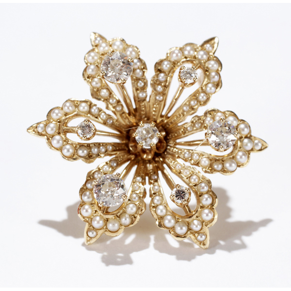 Appraisal: Gold K diamond and seed pearl flower pin dwt dia