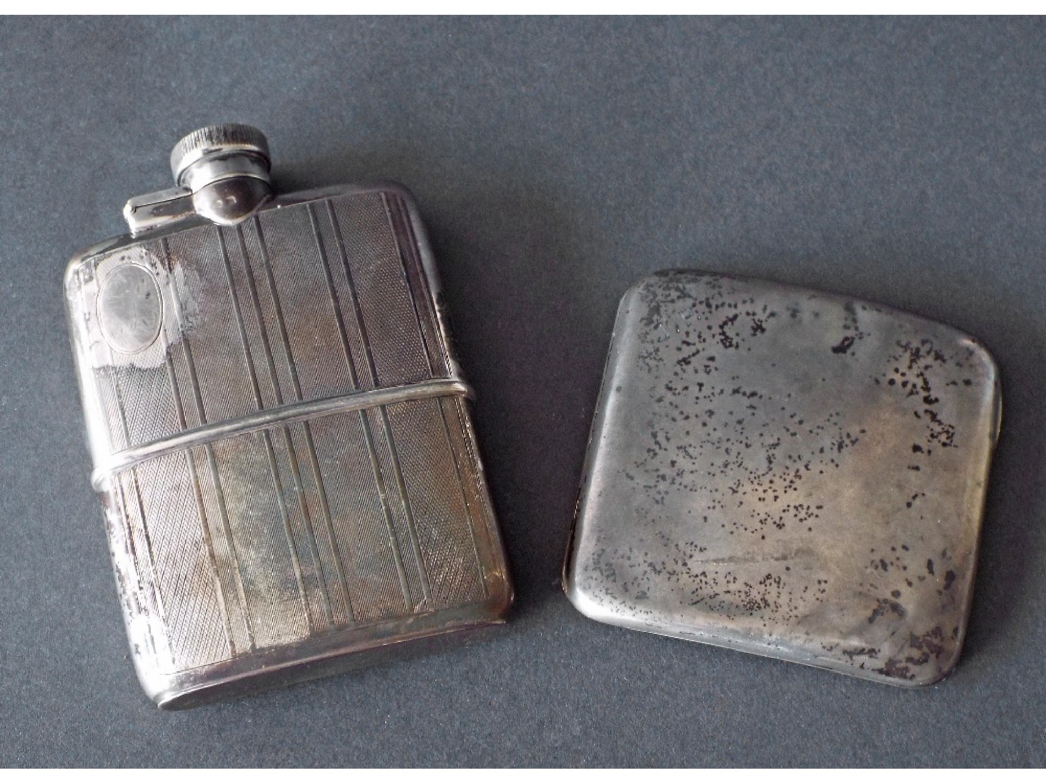 Appraisal: Engine turned silver hip flask hallmarks rubbed together with a