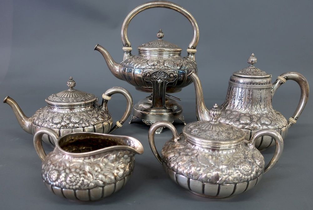 Appraisal: Sterling Silver Tea Service Sterling silver repousse and chased five-piece