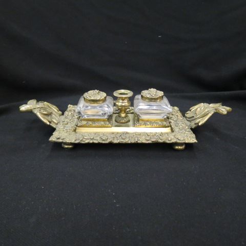 Appraisal: Brass Inkstand double crystal wells ornate floral decor center candleholder