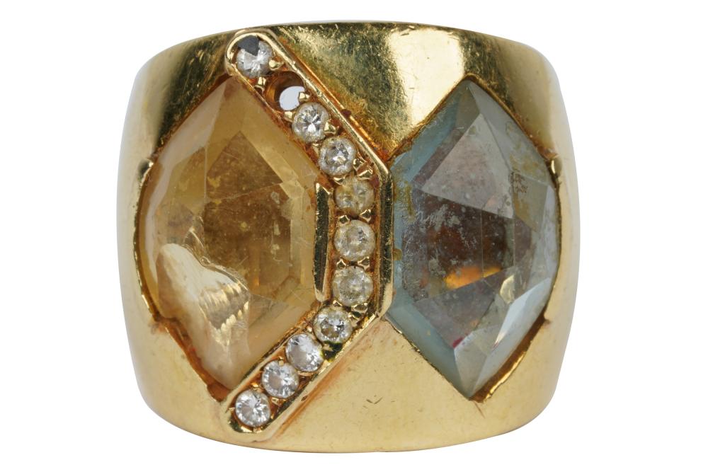 Appraisal: KARAT YELLOW GOLD DIAMOND CITRINE TOPAZ RINGcontaining one elongated hexagonal