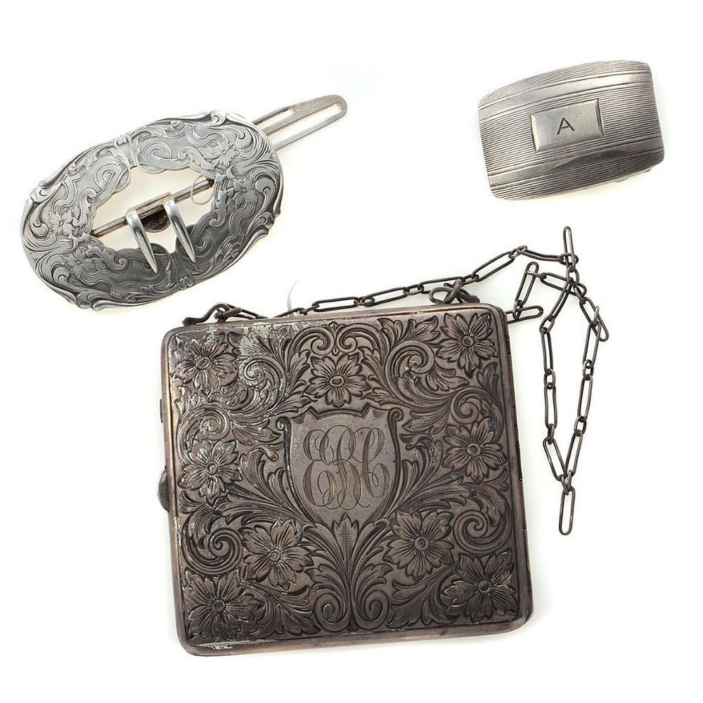 Appraisal: Collection of vintage silver accessories including a minaudiere sterling belt