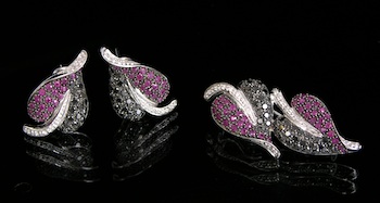 Appraisal: A Ruby and Black Diamond Brooch and Earring Set Mounted