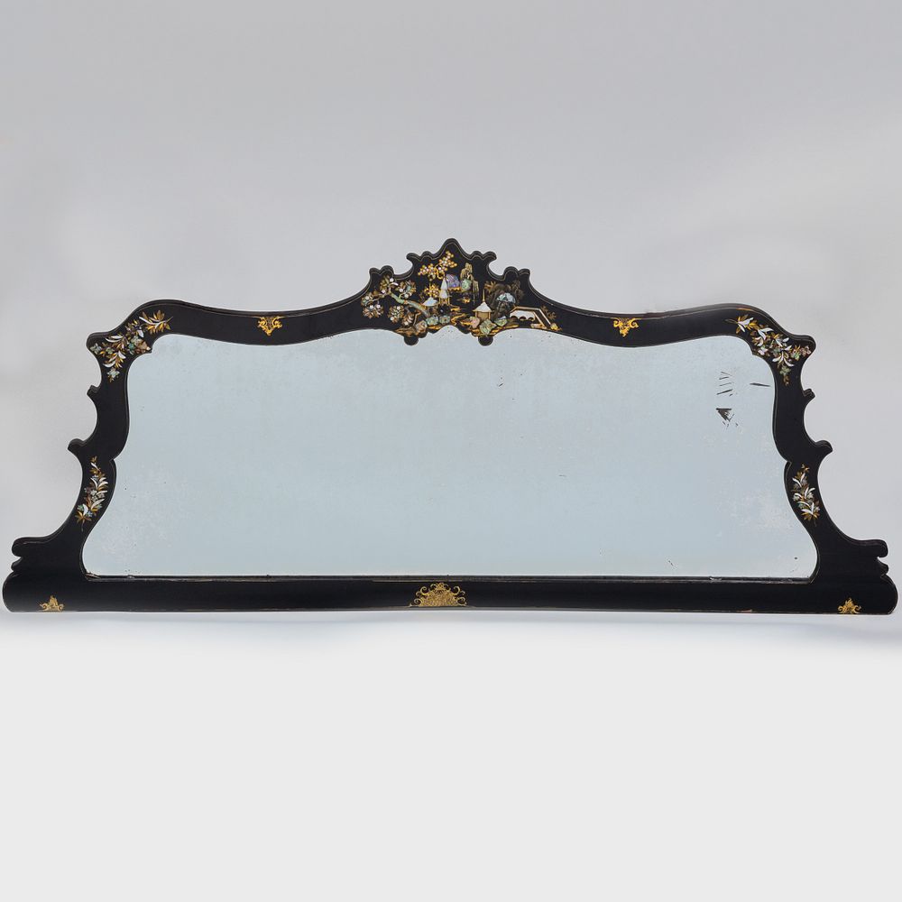 Appraisal: Victorian Black Lacquer and Mother-of-Pearl Inlaid Overmantle Mirror x ft