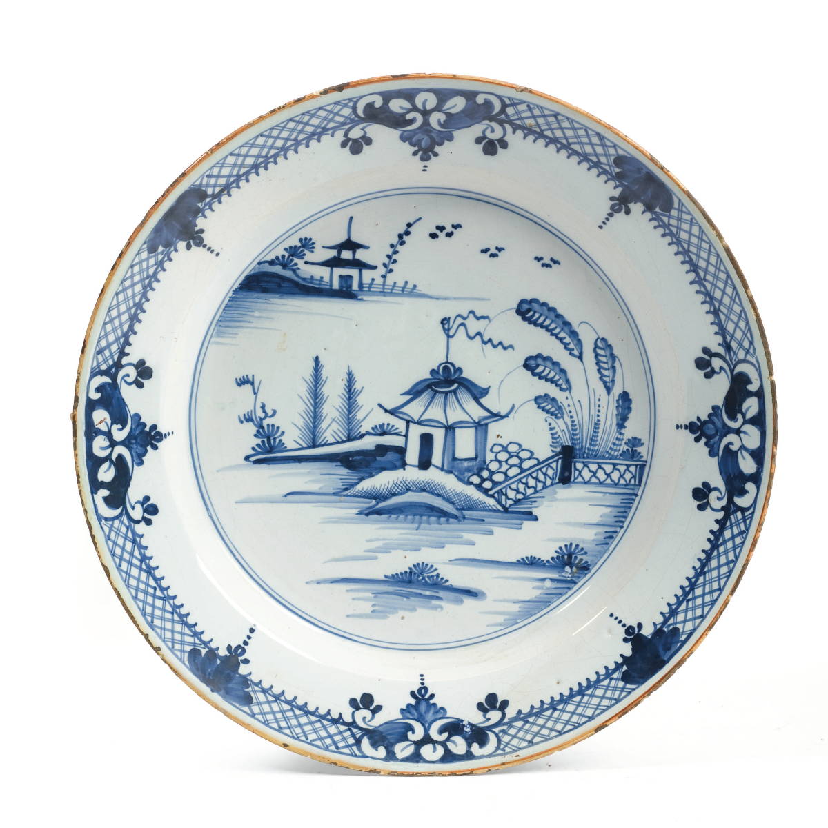 Appraisal: LIVERPOOL DELFT BLUE AND WHITE DISH DEPICTING AN ORIENTAL LANDSCAPE