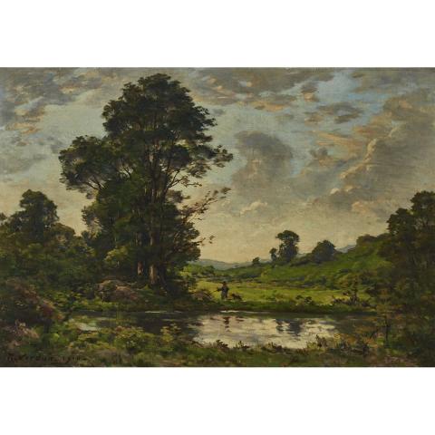 Appraisal: Raymond Jean Verdun - BARBIZON RIVER LANDSCAPE WITH MAN AND