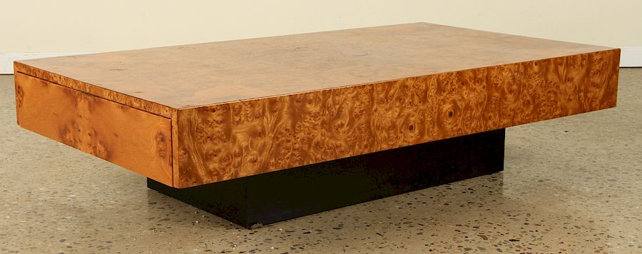 Appraisal: FLOATING FRENCH BURL WALNUT COFFEE TABLE DRAWER A floating French