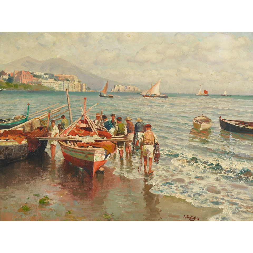 Appraisal: Attilio Pratella - Italian FISHING BOATS PREPARING FOR DEPARTURE Oil