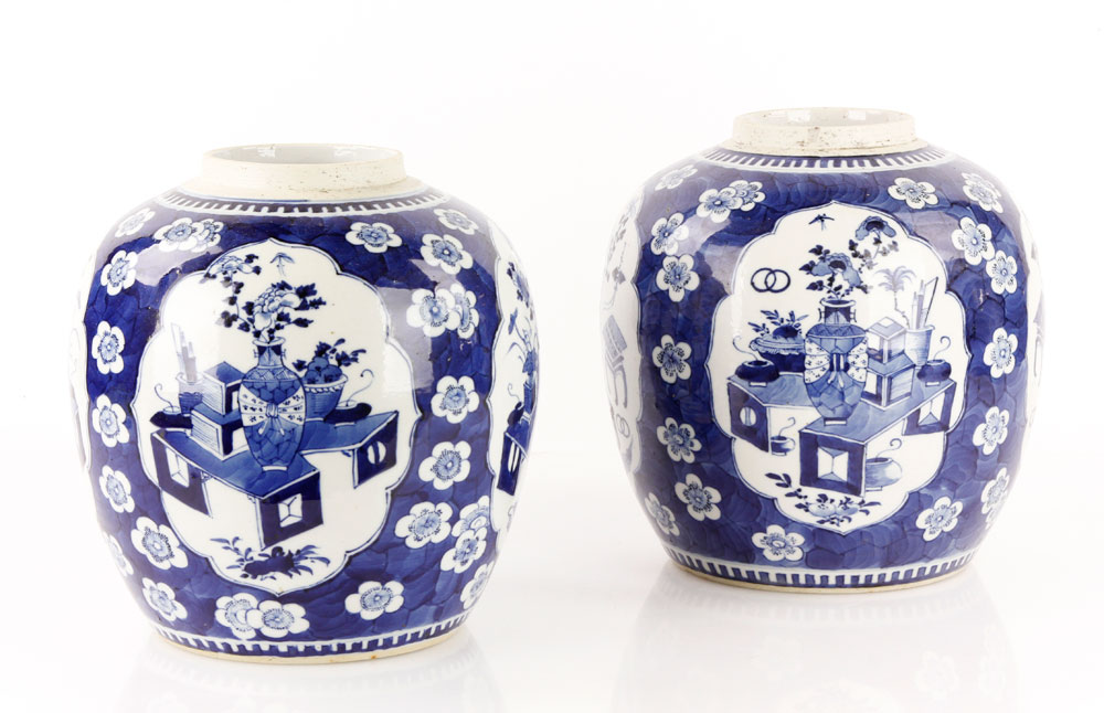 Appraisal: - Pr th C Blue and White Jars Pair of