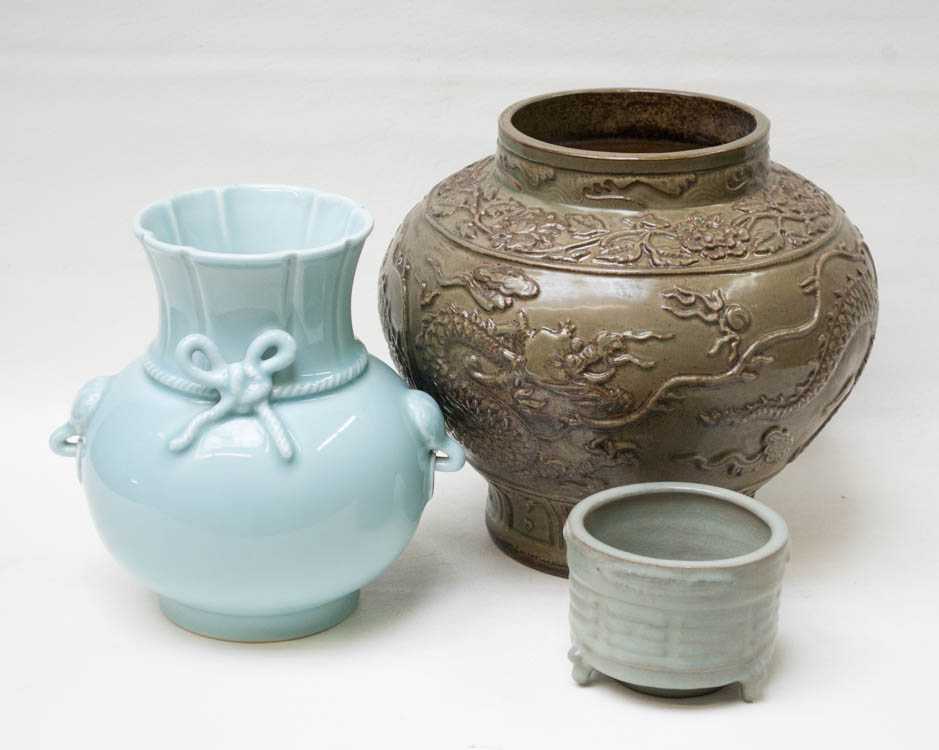 Appraisal: THREE CHINESE QING VESSELS porcelain vase with pale blue glaze