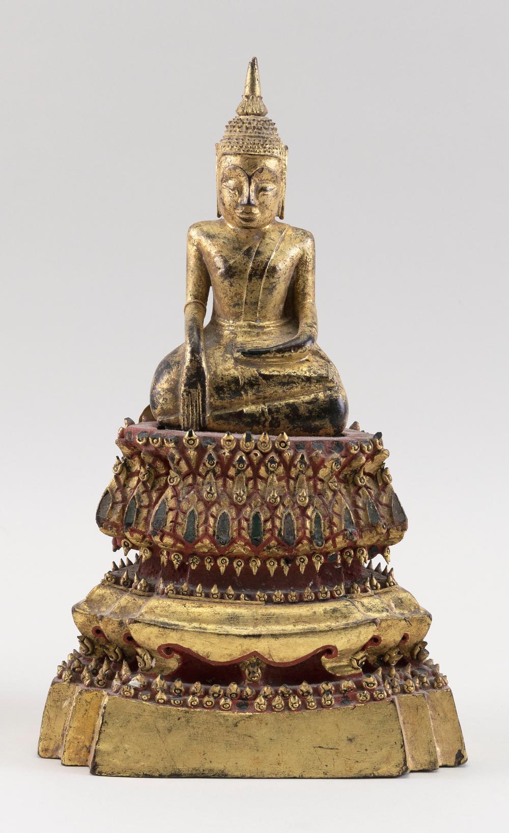 Appraisal: THAI GILTWOOD BUDDHA HEIGHT THAI GILTWOOD BUDDHA Seated in earth-touching