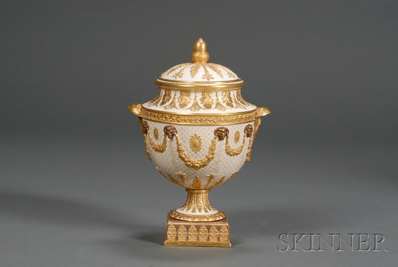 Appraisal: Wedgwood Gilt and Bronze Queen's Ware Vase and Cover England