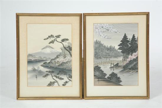 Appraisal: TWO FRAMED ORIENTAL STITCHINGS Landscapes of water scenes one has