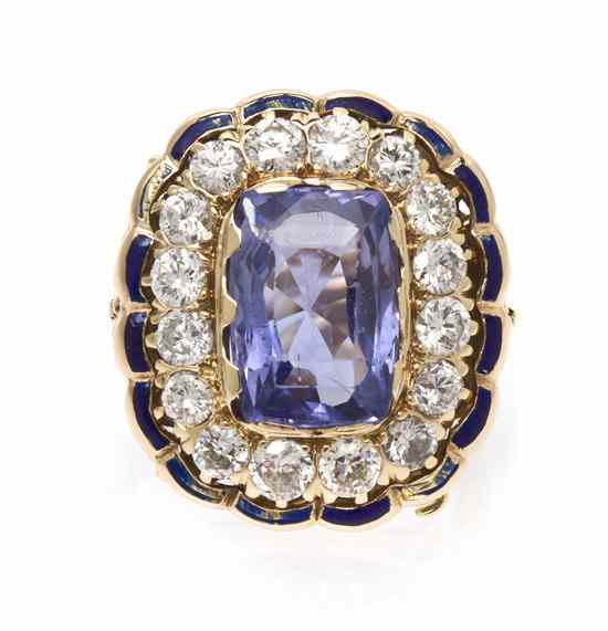 Appraisal: A Vintage Karat Yellow Gold Sapphire Diamond and Enamel Ring