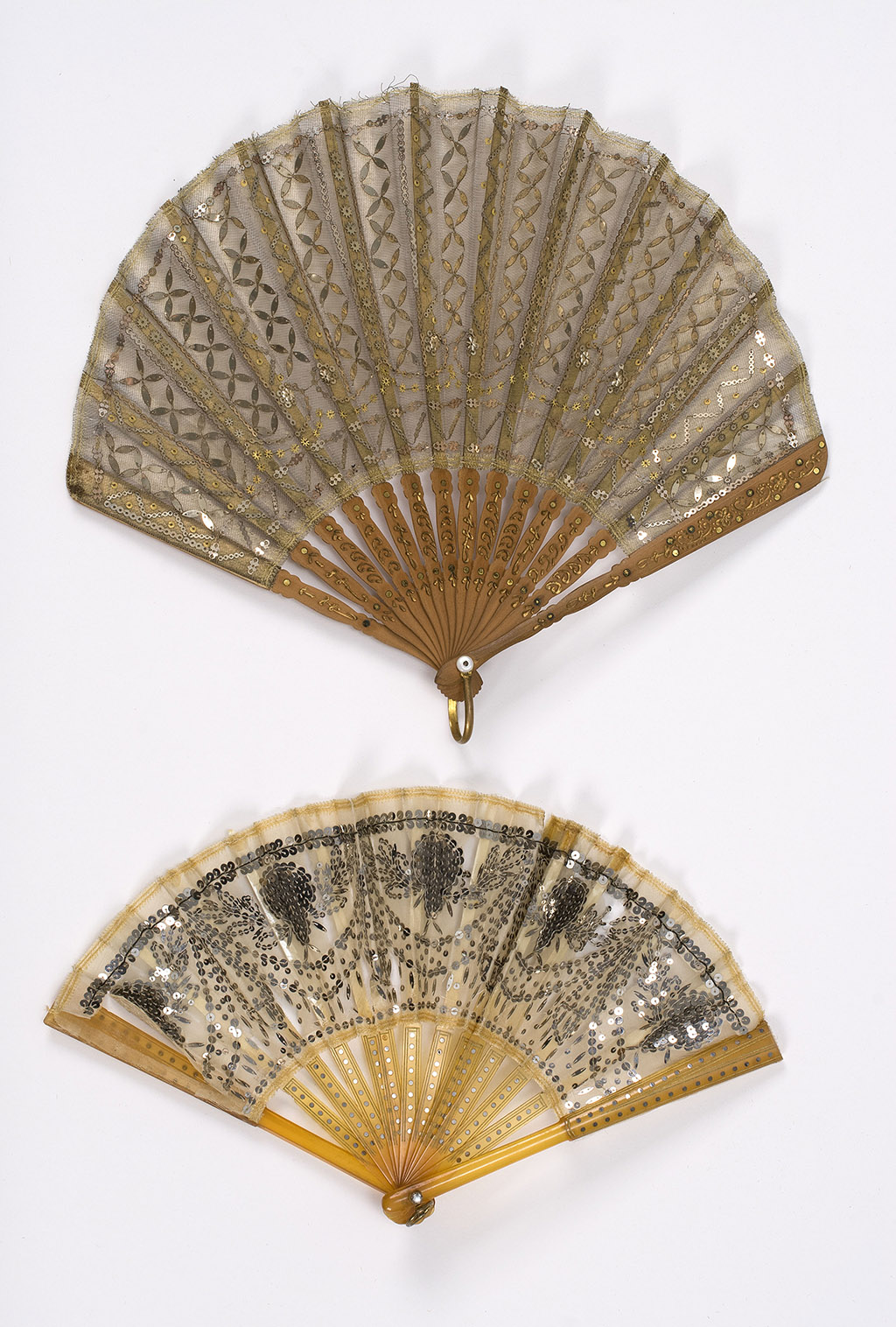 Appraisal: TWO FOLDING SPANGLED FANS a Spangled net leaf and wood