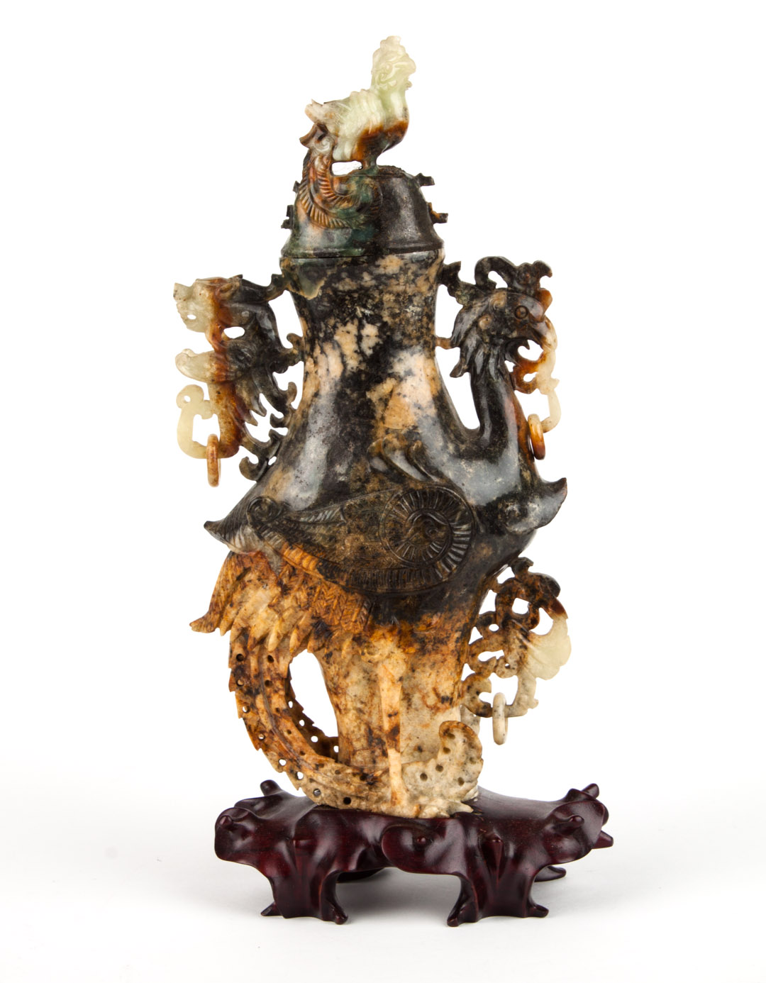 Appraisal: Chinese carved jade phoenix vase mounted on wood stand in