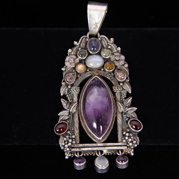 Appraisal: LARGE Handwrought Sterling Silver Eastern Temple Window Pendant with Amethyst