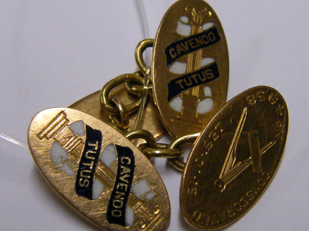 Appraisal: Pair of ct oval enamel Masonic cufflinks inscribed 'Cavendo Tutus'