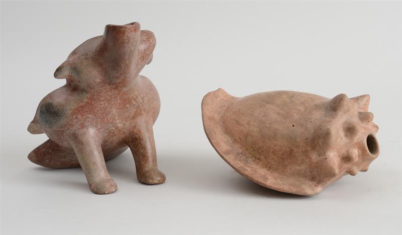 Appraisal: TWO PRE-COLUMBIAN POTTERY VESSELS Modeled as a seated dog with