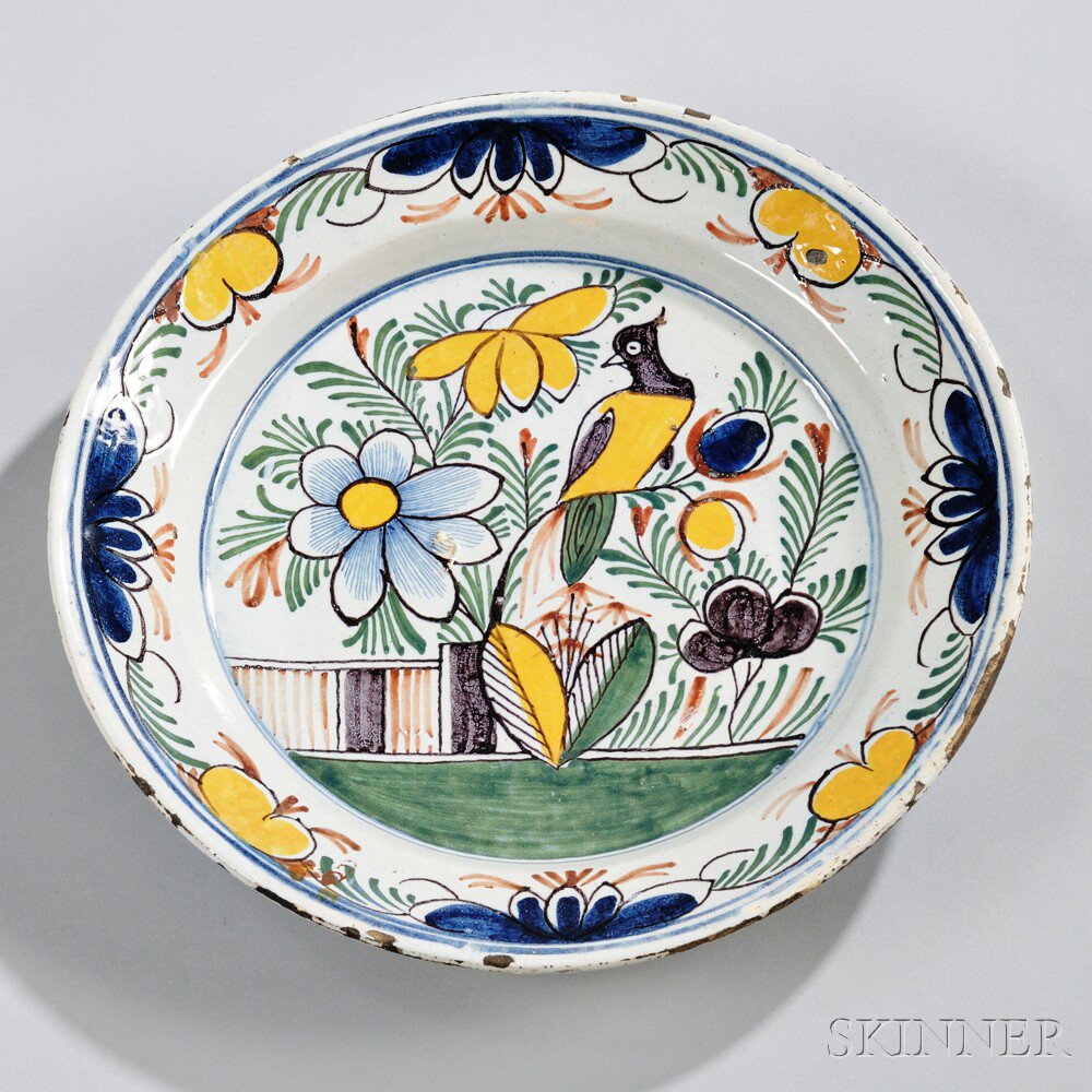 Appraisal: Dutch Delftware Polychrome Decorated Charger Holland th century fruit and