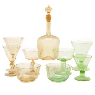 Appraisal: Associated Suite of Murano Green and Amber Glass Stemware Associated