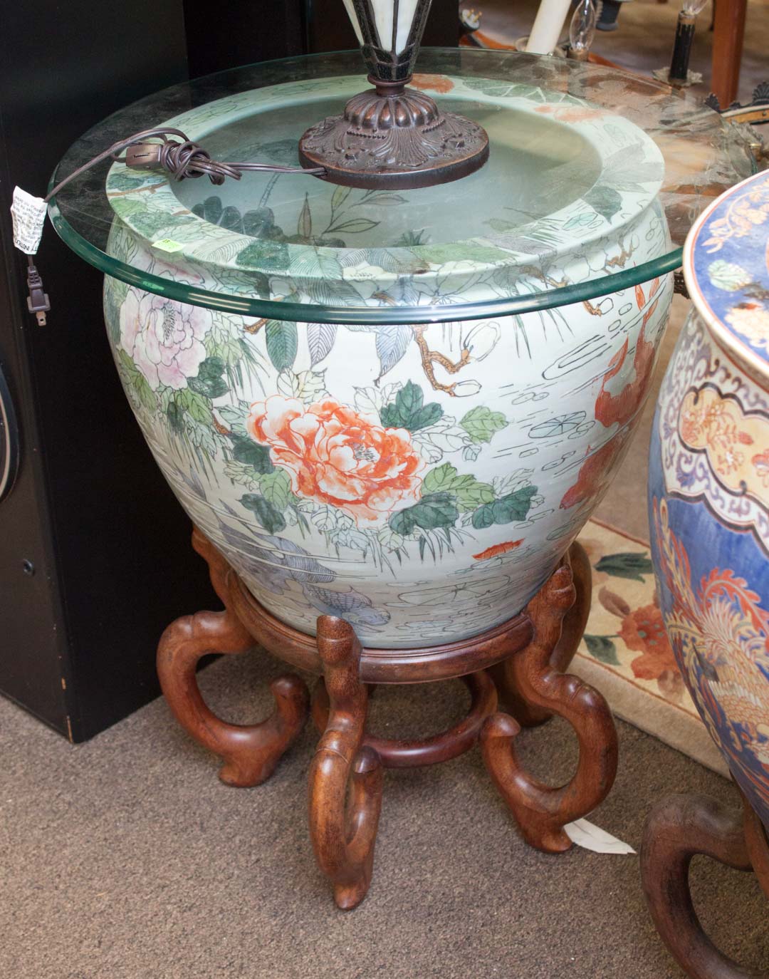 Appraisal: Large contemporary oriental urn on stand including a glass top