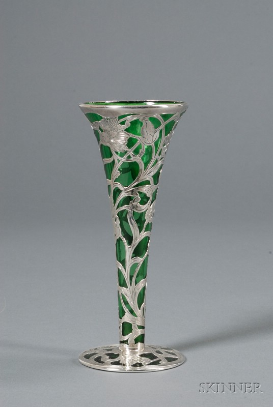 Appraisal: Silver Overlay Vase Glass and silver Early th century Green