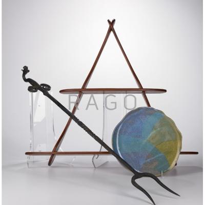 Appraisal: STUDIO Three works Carved wood shelf forged iron fork and