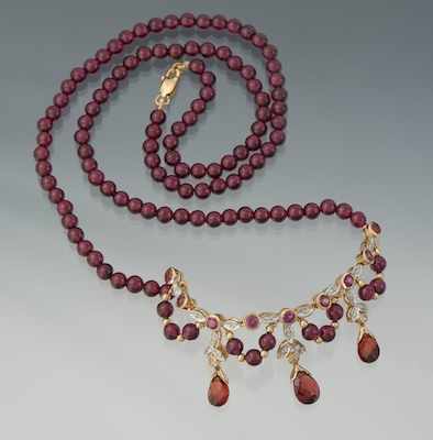 Appraisal: A Ladies' Garnet Bead and Diamond Necklace k yellow gold