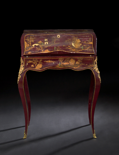 Appraisal: Attractive Louis XV-Style Burgundy-Lacquered Polychromed and Parcel-Gilt Lady's Bureau second