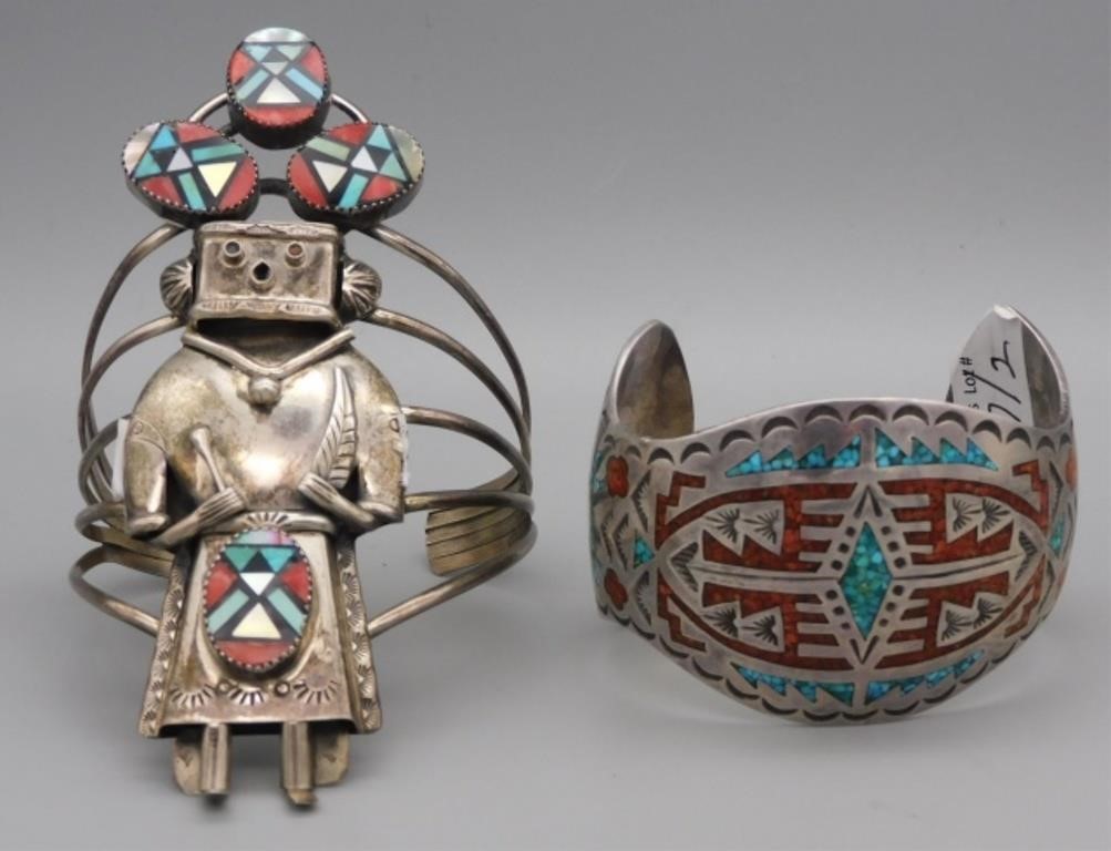 Appraisal: NATIVE AMERICAN SILVER BRACELETS THcentury To include a standing Kachina