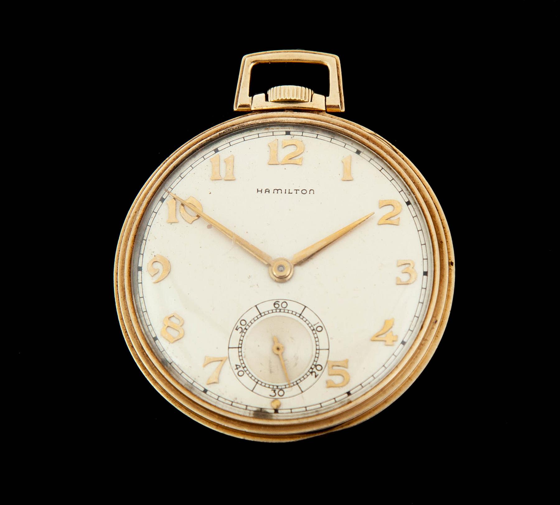 Appraisal: K YELLOW GOLD HAMILTON OPEN FACE POCKET WATCH Twenty-one jewel