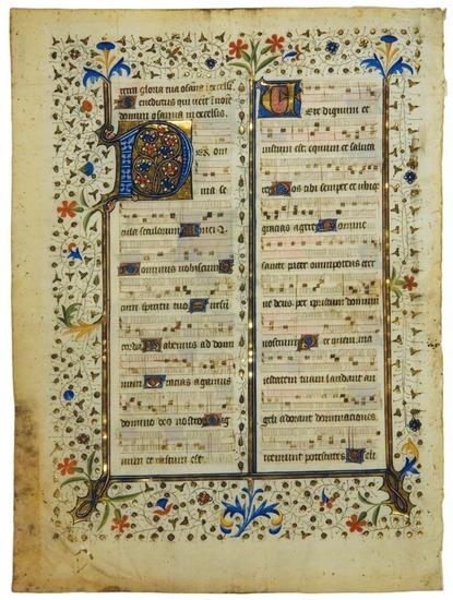 Appraisal: ILLUMINATED MANUSCRIPT LEAVES France th Century Three leaves from a