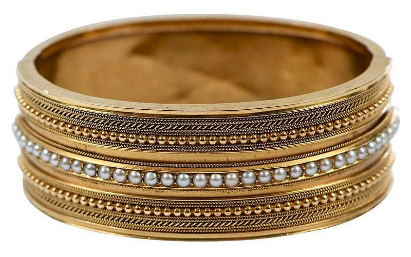 Appraisal: Antique Gold Hinged Bracelet half round seed pearls tested at