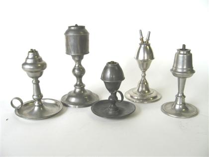 Appraisal: Five pewter lamps putman fuller smith Including a whale oil