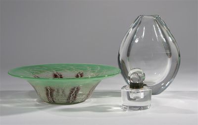 Appraisal: A W M F Ikora glass bowl mottled green glass