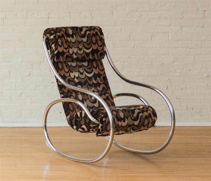 Appraisal: CHROMED TUBULAR STEEL ROCKER In period fabric x x in