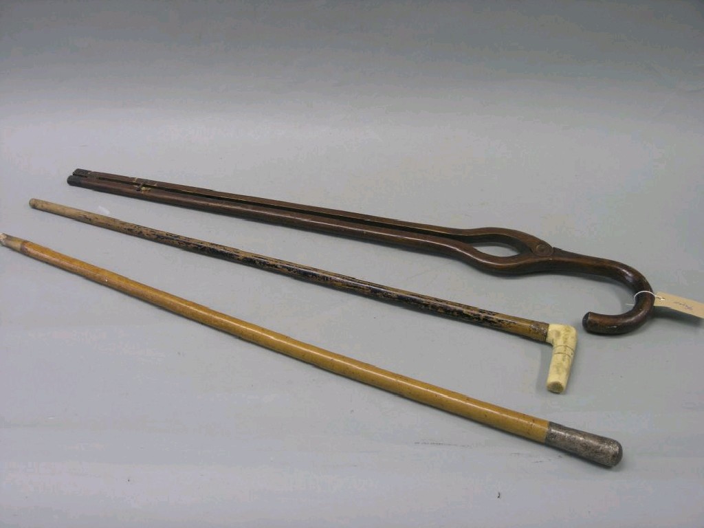 Appraisal: A walker's stick with pick-up attachment bone-handled walking stick silver