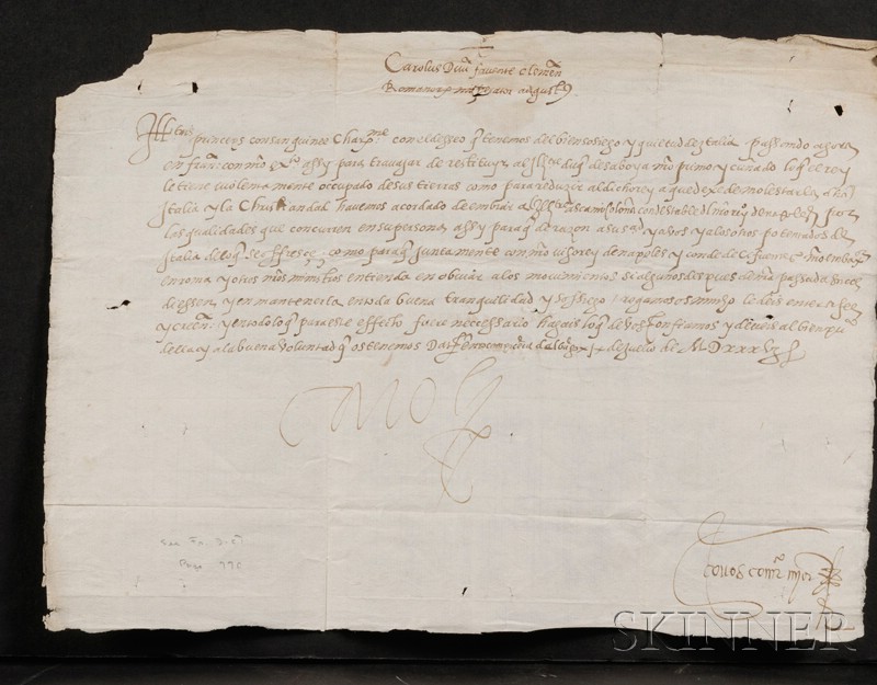 Appraisal: Charles V Holy Roman Emperor - Manuscript document signed July