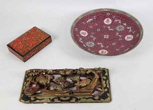 Appraisal: A Chinese carved wooden panel cm wide a Kashmir papier