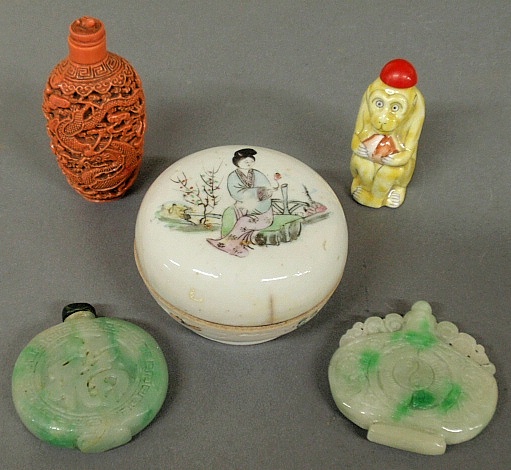 Appraisal: - Two th c Chinese jade-type snuff bottles a cinnabar