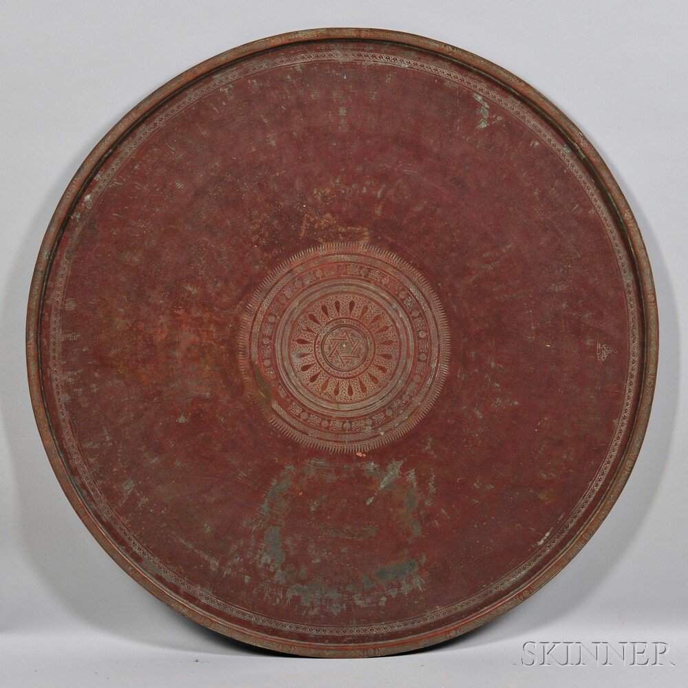 Appraisal: Large Brass Tabletop Tray Middle East round with flanged flat