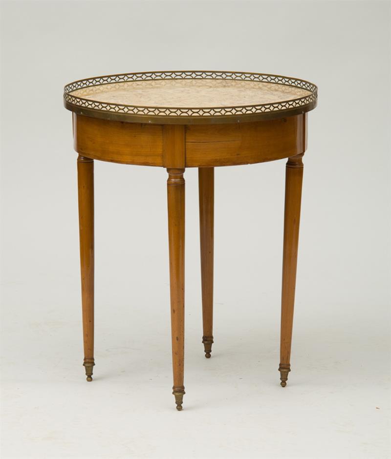 Appraisal: DIRECTOIRE BRASS-MOUNTED FRUITWOOD BOUILLOTTE TABLE With marble top the circular