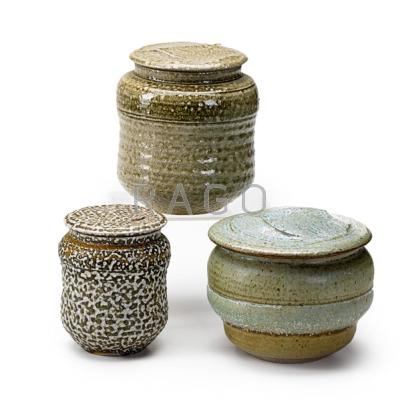 Appraisal: KAREN KARNES b Three salt-glazed stoneware covered vessels Stony Point