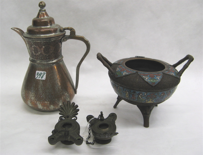 Appraisal: GROUP OF ASIAN OBJECTS an Iranian hammered pot engraved decoration